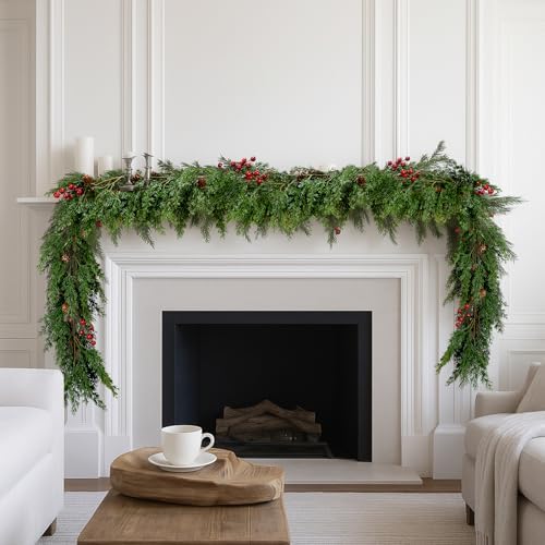ENVEN Faux Cedar Christmas Garland with Red Berries & Pine Cones – Full Faux Winter Greenery for Holiday Mantel, Staircase, Doorway, Indoor Outdoor Christmas Décor (9FT-Deluxe Cedar) - Image 7