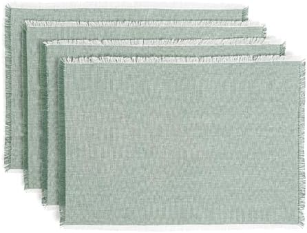 Over&Back Set of 4 Woven Frayed Chambray Placemats - Colorful Dining Table Mat - Hand-Finished Frayed Edges - 100% Cotton - Machine Washable - Kitchen and Home Decor - Green - 14" L X 20" W by overback
