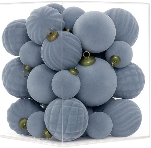 XmasExp 36PCS Velvet Christmas Ornaments Set Mixed Flocked Balls Ornaments Shatterproof Christmas Tree Decorations for Holiday,Party,Home（Light Blue） by XmasExp