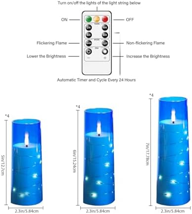 Sasigeiaa Flameless Candles with Embedded Star String - Battery Operated LED Candles, with Remote,12 Blue Flickering Candles for Christmas, Weddings, Home Decor & Party,(D 2.3"×H 5" 6" 7") - Image 2