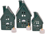 Deep Green Glazed Porcelain Tea Light Village Houses, Set of 3, 8 in by MarkFeldsteinAssociates