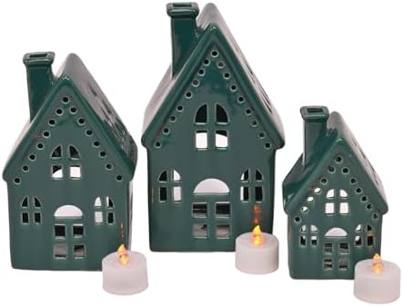 Deep Green Glazed Porcelain Tea Light Village Houses, Set of 3, 8 in by MarkFeldsteinAssociates