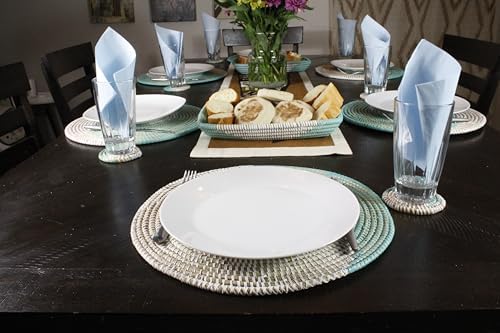 Senegal Placemats/African Bohemian Woven Seagrass Placemats/Natural Wicker Round Basket Placemats/Decorative Hanging Wicker Plates/Hanging Wall Decor (Light Blue & White) - Image 2