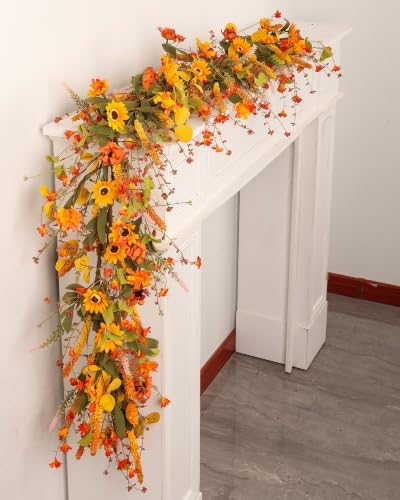 2-Pack 6Ft Fall Garland for Mantel Decoration Sunflower Flower Leaf - Image 3