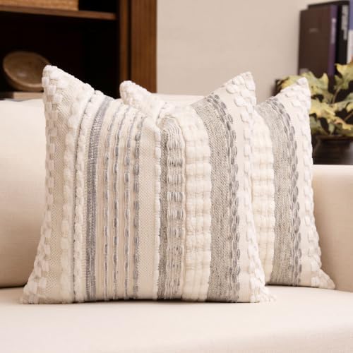 Boho Chenille Tufted Throw Pillow Covers 18x18 Inch Set of 2 Farmhouse Grey Woven Striped Decorative Pillowcases for Couch Sofa Bed by KOOLIFE
