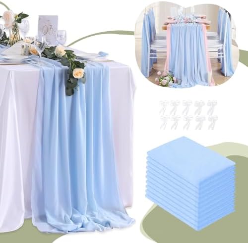 10 Pieces 10Ft Chiffon Table Runners Blue Sheer Rustic Wedding Table Runner Elegant Bridal Party Decorations 27x120 Inches by QueenDream