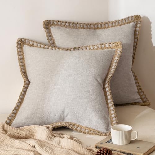 MIULEE Set of 2 Rustic Linen Burlap Throw Pillow Covers 18x18 Greyish White by MIULEE