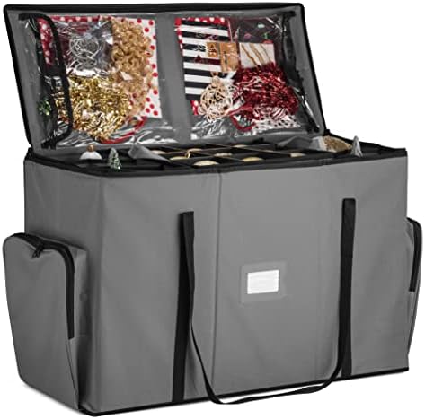 ZOBER All in One Christmas Ornament Storage Box & Decoration Container - Easy Access Removable Trays, Keeps 73 Ornaments - Adjustable Extent Area for Figurines and Pockets for Decoration - Gray by ZOBER