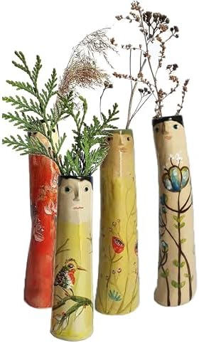 Spring Family Bud Vases, Resin Bohemian Family Vase, Girls Face Cute Hand Painted Character Vase for Home Decor Living Room Personalized Decor (4PCS) by HATSEN