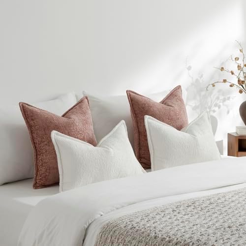 DEZENE Pack of 2 Dusty Pink Decorative Throw Pillow Covers 24x24 Cozy Soft Chenille Accent Vintage Square Couch Pillow Covers for Home Decor Bed Sofa Living Room - Image 5