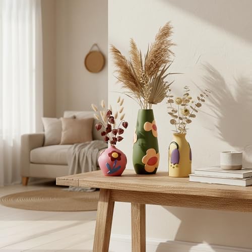 Vintage Ceramic Vase, Minimalist Texture Stone Patterned White Flower Vase, Decorative Vase for Living Room Shelf Farmhouse Dining Table Centerpiece Decor (Colorful Rustic-3 Pack) (Rustic-3 Pack) - Image 5