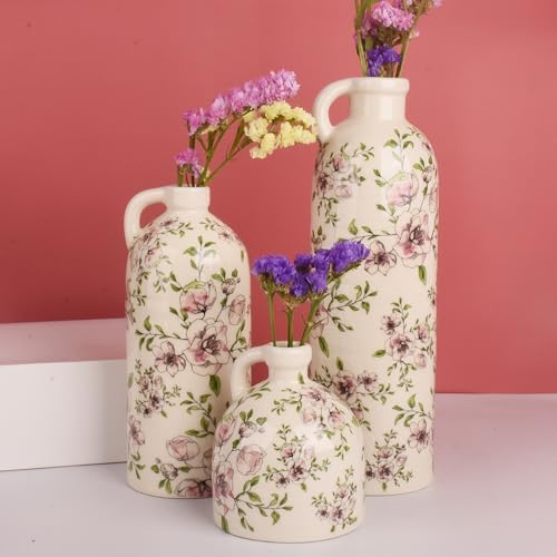 Set of 3 Vintage Floral Ceramic Bottle Vases with Handles - Rustic Crackle Glaze Finish - Decorative Flower Vases for Home Decor, Table Centerpieces, Shelf Display, Boho Farmhouse Decor (3, Ivory) by SANHECUN