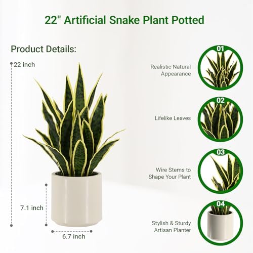 Fake Snake Plant 22" Tall, Realistic Touch Leaves, Potted Artificial Plants Indoor for Home Decor Small Office Home Living Room-Yellow - Image 2