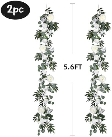 Lvydec 2 Pack Artificial Peony Flower Garland - 6ft Silk Peony Vine Willow Leaves and Eucalyptus Garland White Arch Flower Vine for Wedding Party Table Decoration (White) - Image 2