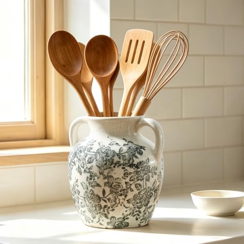 Vintage Vase with Handles, Ceramic Utensil Holder, Flower Decorative Vase Chinoiserie Decor Rustic Farmhouse Retro Floral Vases for Table Bookshelf Mantel Kitchen Living Room Office - 6.7” Gray 018 - Image 7