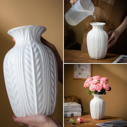 Lvases 10in Wheat Textured White Ceramic Flowers Vase Modern Home Decor - Image 3