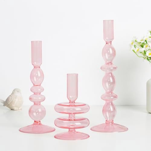 Hewory Valentines Pink Candle Holders Set, 3 PCS Glass Candlestick Holders by Hewory