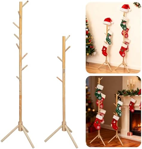 PURPLE STAR 1N 2 Set Christmas Wooden Stocking Holder Stand, Rustic Freestanding Xmas Stockings Hanger Rack, Christmas Stocking Tree Stand Rack for Holiday Home Living Room Farmhouse Decoration by PurpleStar
