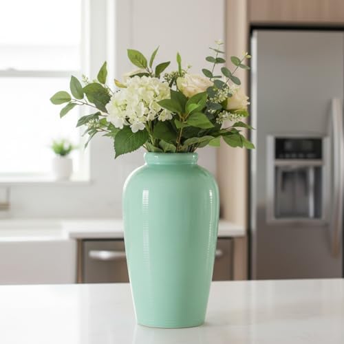 Green Ceramic Vase - 11 Inch Tall Modern Decorative Flower Vase for Living Room, Pottery Centerpiece Vases Home Decor, Eucalyptus, Mantel Decor, Side Table, Kitchen Decoration - Image 4