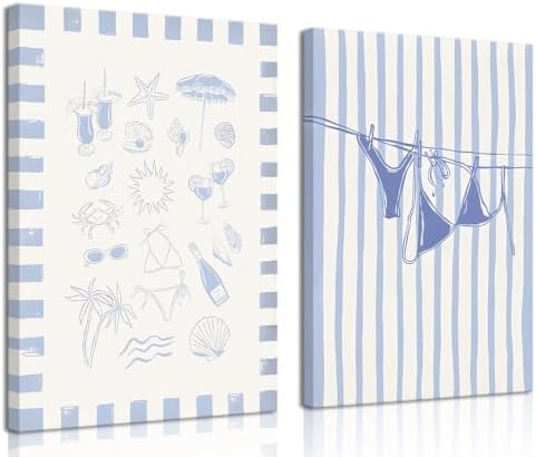 Trendy Coastal Canvas Wall Art Set of 2, Blue Bikini Granddaughter Room Wall Decor Paintings, Preppy Coastal Shell Girls Dorm Posters Prints Pictures for Living Room Bedroom 16x24 Inch Framed by Unknown