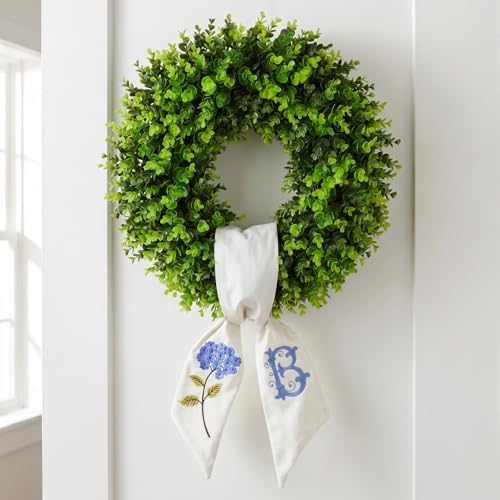 Boxwood Wreath for Front Door Spring Summer Wreaths Farmhouse Hanger,Last Name Initial Year Round Porch Decor,20 inch Multi Occasion use Wreath with Personalized Monogram sash Embroidered -(B) by Vofuly