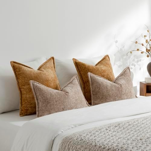 DEZENE Pack of 2 Golden Brown Euro Shams Pillow Covers 26x26 Cozy Soft Chenille Decorative Throw Pillow Covers Accent Vintage Square Couch Pillow Covers for Home Decor Bed Sofa Living Room - Image 5