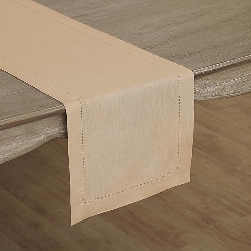 Solino Home 100% Linen Table Runner Beige, Classic Hemstitch 14 x 120 in by SolinoHome