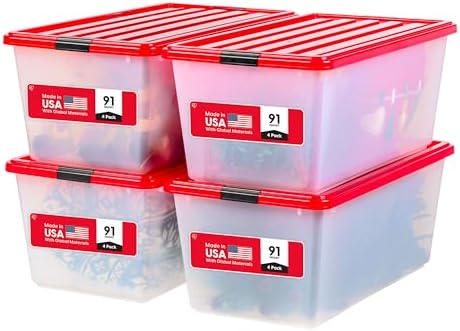 IRIS USA 4-Pack, 91 Qt. Holiday Storage Bin with Lids, Red by IRISUSA