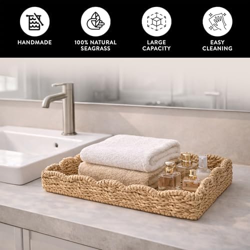 Rectangular Wicker Tray for Decor 15x10 in, Handwoven Seagrass Rattan Tray with Scalloped Edge for Kitchen Bathroom Living Room, Large Rattan Basket Storage Home Décor - Image 2