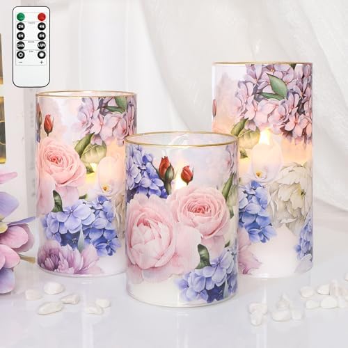 Hydrangea Rose Flameless Candles with Remote Control & Timer Function - Real Wax Glass Battery Operated Candles - Home Farmhouse Holiday Christmas Valentine's Day Decorations - Set of 3 by Silverstro