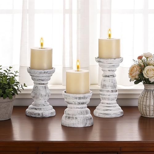 Rustic Wooden Pillar Candle Holders Set of 3 in Distressed White, Florence Style, Farmhouse Wooden Candle Holder, Wooden Candle Stand, Small Wooden Candlestick Holders, Living Room, Table Centerpiece - Image 4