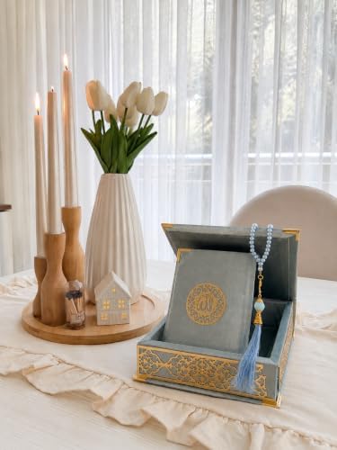 Velvet Covered Quran and Pearl Tasbih in Wooden Decorative Box | Quran Gift Box | Islamic Gift Set | Islamic Birthday, Wedding Gift | Muslim Eid Ramadan Gift (Blue) - Image 2