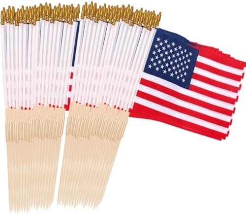 Pack of 100 American Flags with wood Stick, 12x18 Inch American Flags for outside, US Flags/American Hand Held Stick Flags with Kid-Safe Spear Top, Perfect for Patriotic Decorations, Parades, Veteran Party,4th of July decorations by Uelfbaby