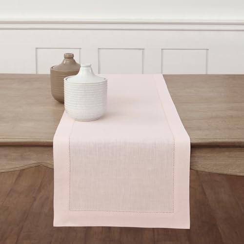 Solino Home 100% Pure Linen Table Runner Pink Hemstitch, 14 x 120 in by SolinoHome