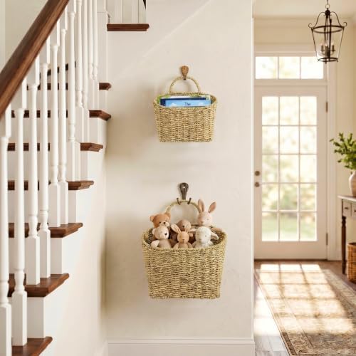 Set of 2 Wicker Wall Baskets for Hanging Storage, Handwoven Boho Wall Organizer, Decorative Wall Mounted Basket Set for Entryway, Mail, Keys, Plants, Flowers & Home Decor, Natural Sea Grass - Image 6