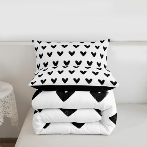 Love Comforter Set King White and Black Heart Pattern Bedding for Women Men Teens Valentine Day Gift Down Comforter Cartoon Love Heart Quilted Duvet Geometric Soft Warm Bedding Sets Bedroom Decor - Image 7