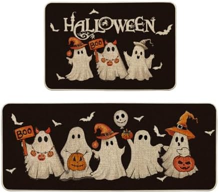 Artoid Mode Ghost Bat Black Halloween Kitchen Mats Set of 2-24x35+24x59 by ArtoidMode