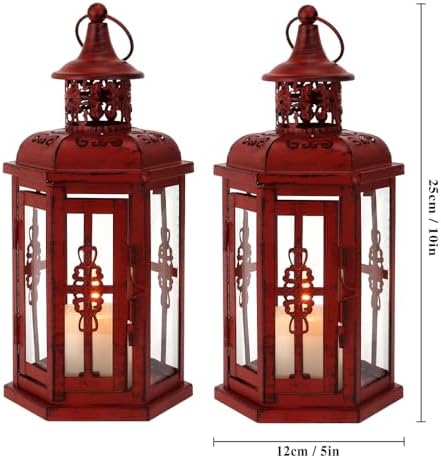 JHY DESIGN Set of 2 Decorative Candle Lanterns 10“H Vintage Hanging Lanterns Metal Candleholders for Indoor Outdoor Events Parities Gothic and Halloween (Red with Black Brush) - Image 3