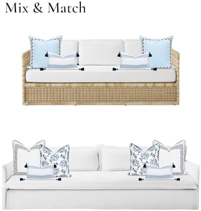 Hofdeco Premium Coastal Patio Indoor Outdoor Lumbar Pillow Cover Only, 12"x20" Water Repellent for Backyard, Couch, Baby Blue Embroidered Stripes with Tassels (Pack of 2) - Image 4