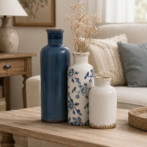Blue Vintage Vase Set of 3, Flower Decorative Vase Ceramic Vase Set - Image 6