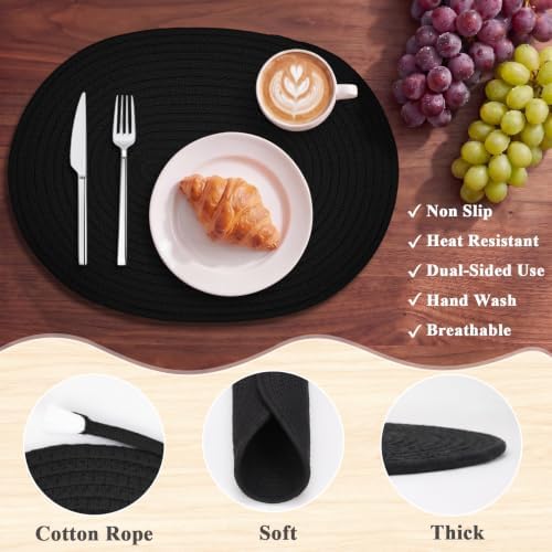 Oval Woven Cotton Placemats Set of 6, Thick Braided Rope Table Mats, 17 x 13 Inches Large Non Slip Heat Resistant Place Mats for Dining Table, Farmhouse Boho Hot Pads for Kitchen Decor (6, Black) - Image 3