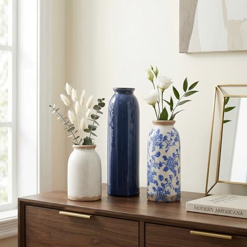 Vintage Ceramic Vase Set of 3, Blue and White Small Flower Vase Chinoiserie Rustic Modern Farmhouse Centerpiece Decorative Vases for Table Entryway Bookshelf Living Room Kitchen Home Decor - Image 6