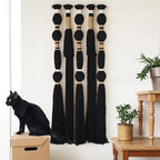 Macrame Wall Hanging Black Spherical Tassel Geometric Wall Art 15.7"W*39"L by FLBER