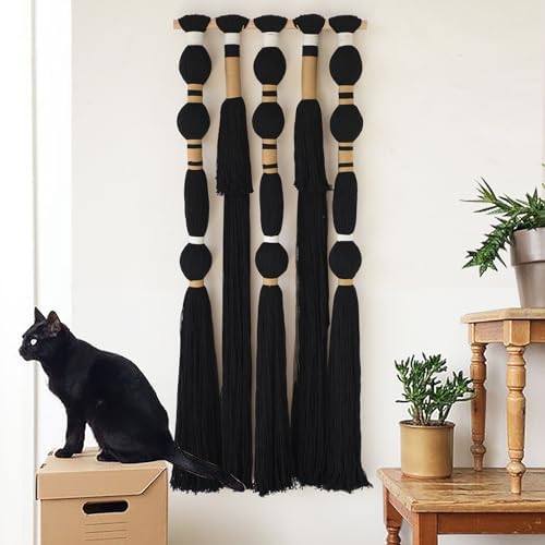 Macrame Wall Hanging Black Spherical Tassel Geometric Wall Art 15.7"W*39"L by FLBER