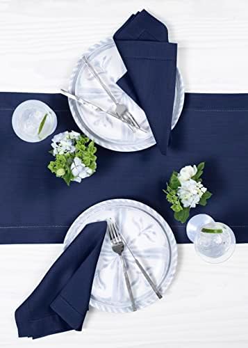 Solino Home 100% Pure Linen Table Runner Navy Hemstitch, 14 x 120 in - Image 3