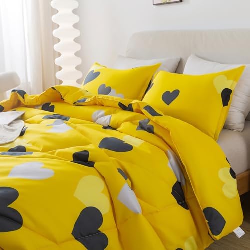 Caressma Farmhouse Yellow Queen Size Comforter Set 3 Pieces Bedding Set with Black Heart All Season Fluffy Soft Lightweight(1 Comforter & 2 Pillowshams) - Image 5