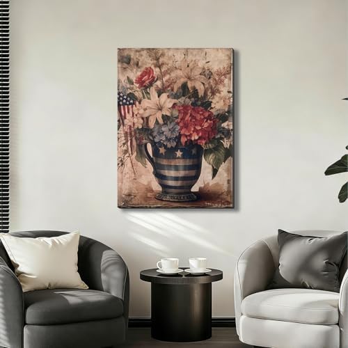 ZERILYN Ship Next Day – Patriotic Stars and Stripes Canvas Print, USA Flag Flower Arrangement Wall Decor, Red White Blue Vintage Home Decoration - Image 7