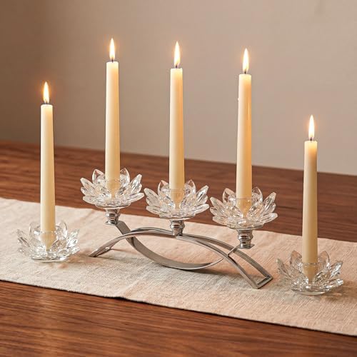Crystal Lotus Taper Candle Holders, 3 Arms Metal Crystal Candlesticks, Decorative Flower-Shaped Candle Holders for Dining Table Centerpiece, Wedding, Home & Holiday Decor (Clear, Set of 3) by KOLNLALA
