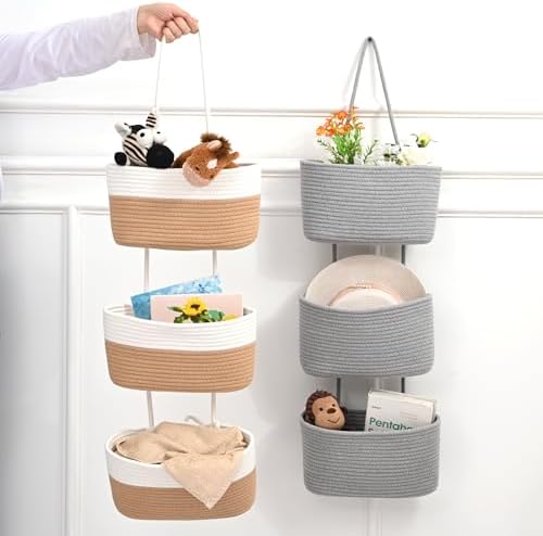 ICERZCZ Hanging Baskets for Organizing 3-Tier Wall Basket Khaki & Off White - Image 5