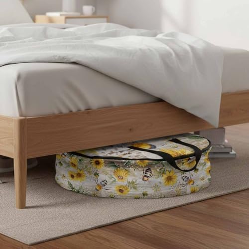Summer Sunflower Bee Round Storage Bag 24 Inch, Yellow Floral Plants Wood Grain Rustic Clothes Storage Container with Handles Heavy Duty Organizer for Comforter, Bedding & Holiday Wreaths - Image 6